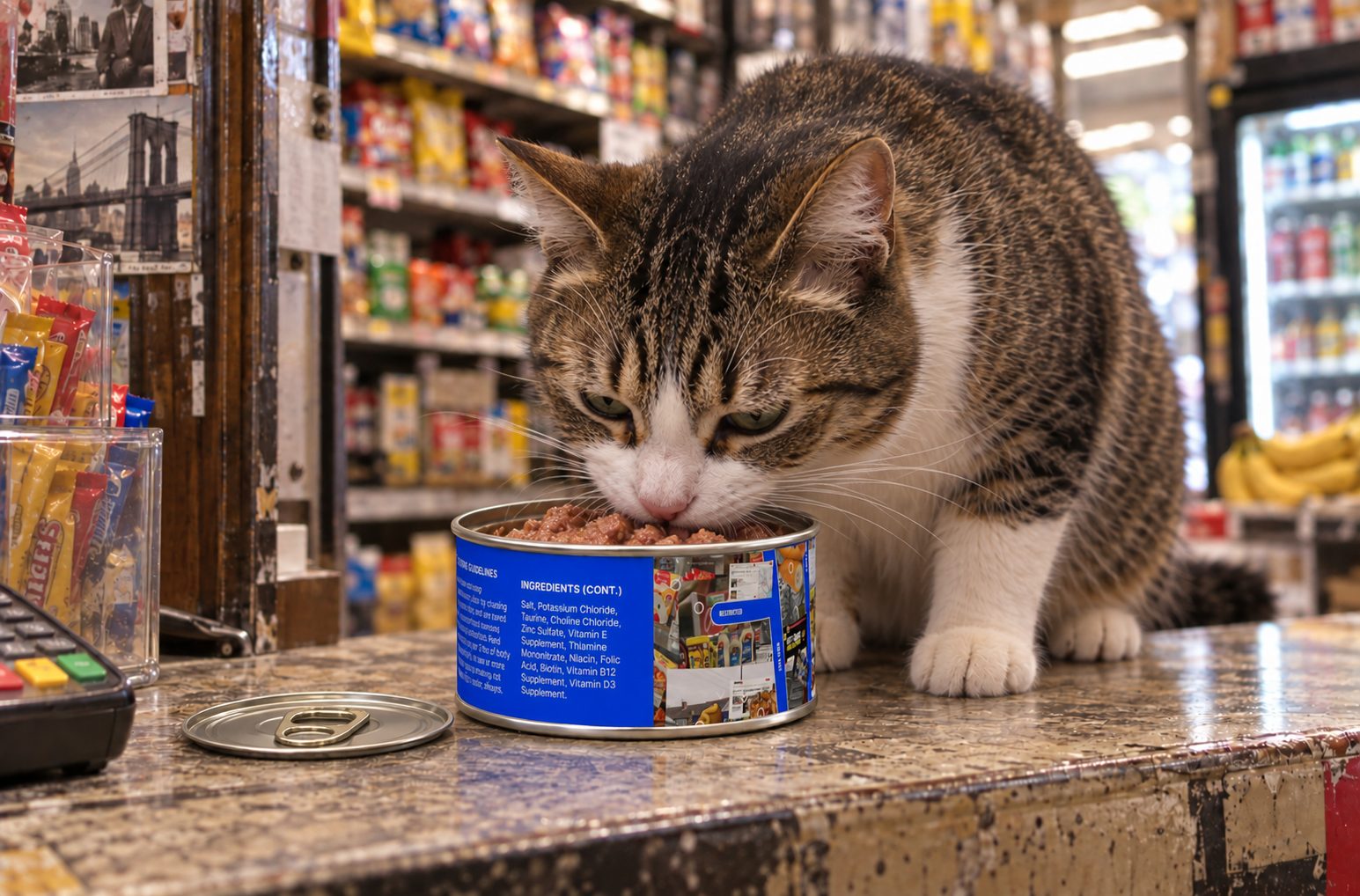 A bodega cat eating from the can on a convenience store counter