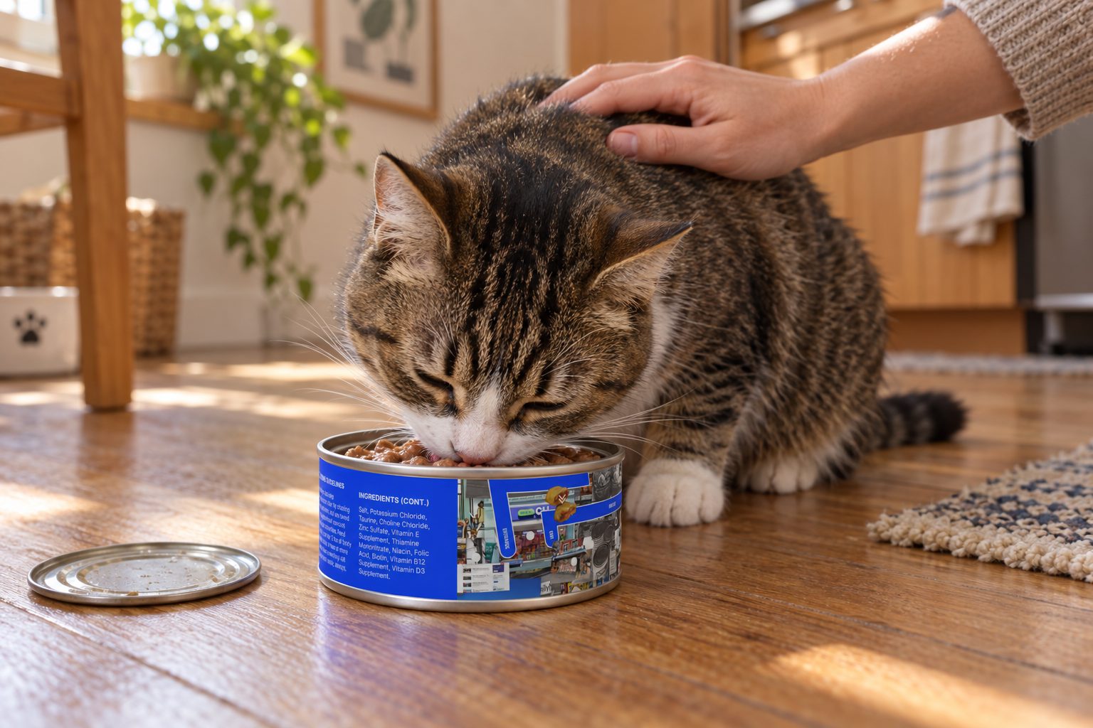 A cat eating from the can at home while its owner pets it
