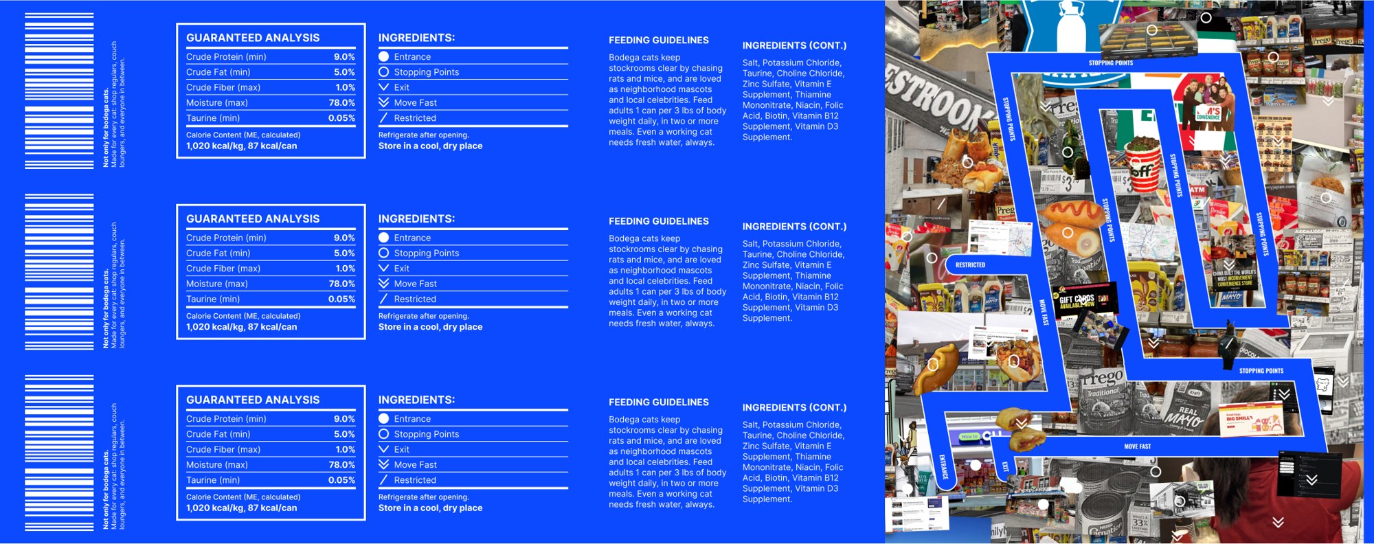 Label for the cans: three blue stickers, each with a barcode, a guaranteed analysis panel, an ingredients list made of the five symbols, feeding guidelines, and a strip of the collage and path