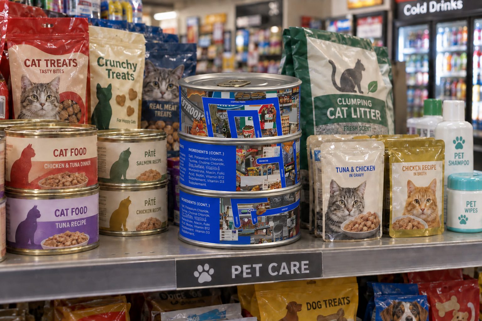 Three stacked cans in their blue collage label on a pet care shelf in a convenience store