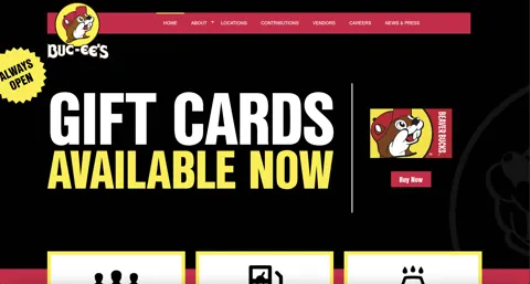 Buc-ee's website banner advertising gift cards