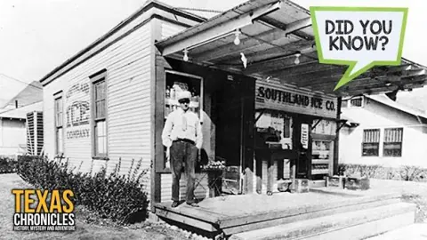 Black and white photo of an early Texas convenience store with a Did You Know label