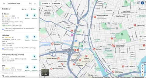 Map search results for convenience stores nearby
