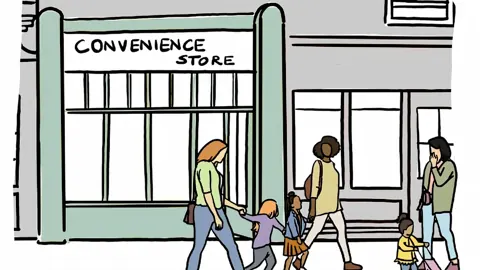 Line illustration of a convenience store front with people walking past