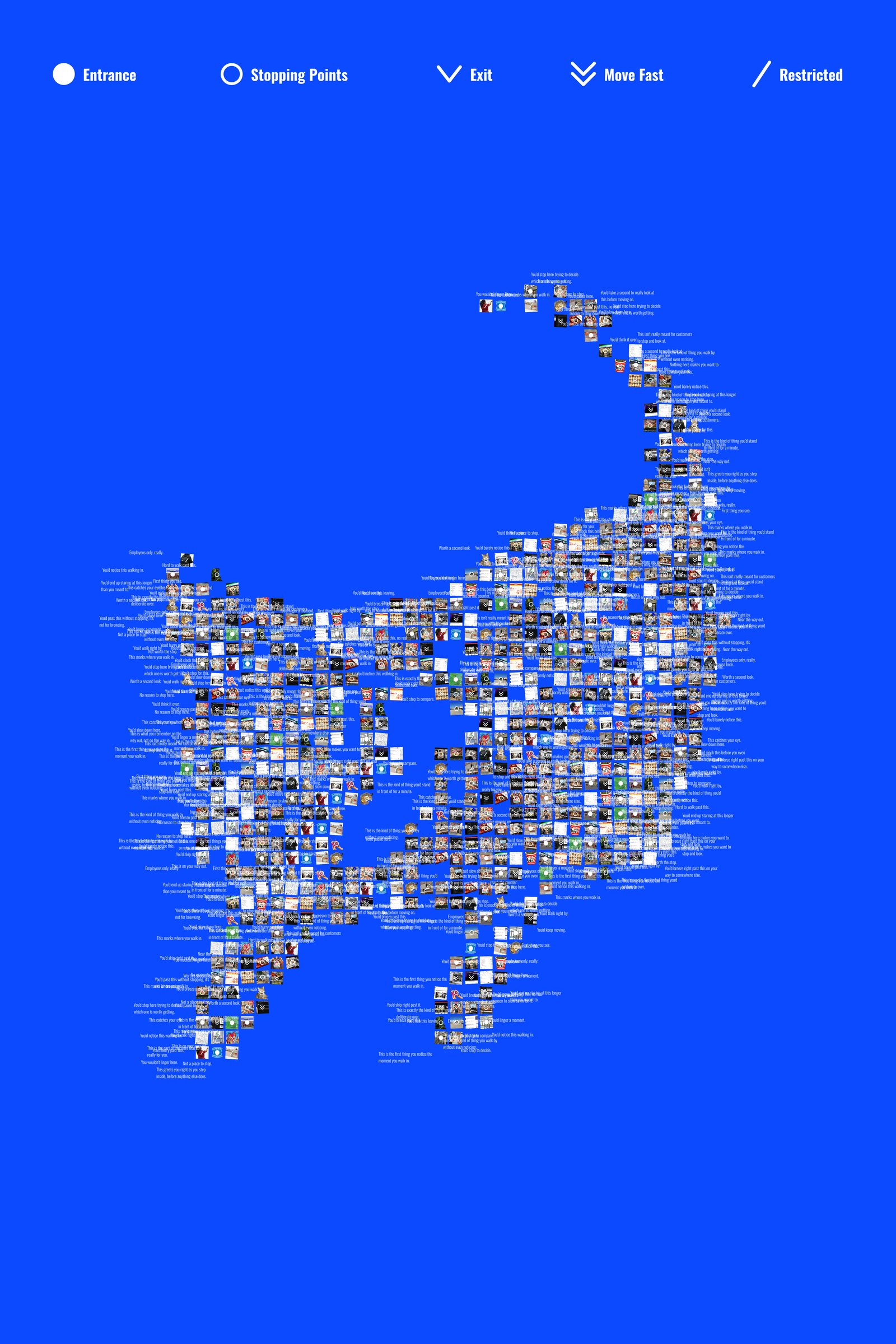 Poster 2: on a bright blue field, a bodega cat built from hundreds of small photo tiles, each stamped with a symbol and a short caption, under a key of the five symbols