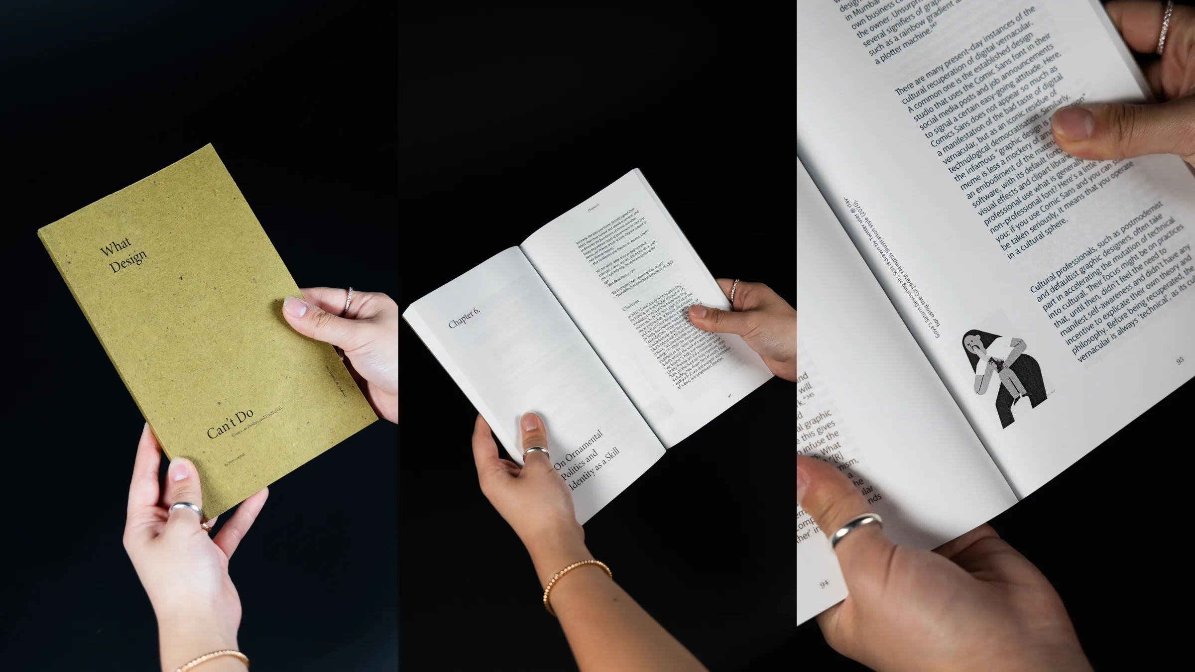 The finished book: its olive cover, the Chapter 6 opener, and a page with a sideways caption