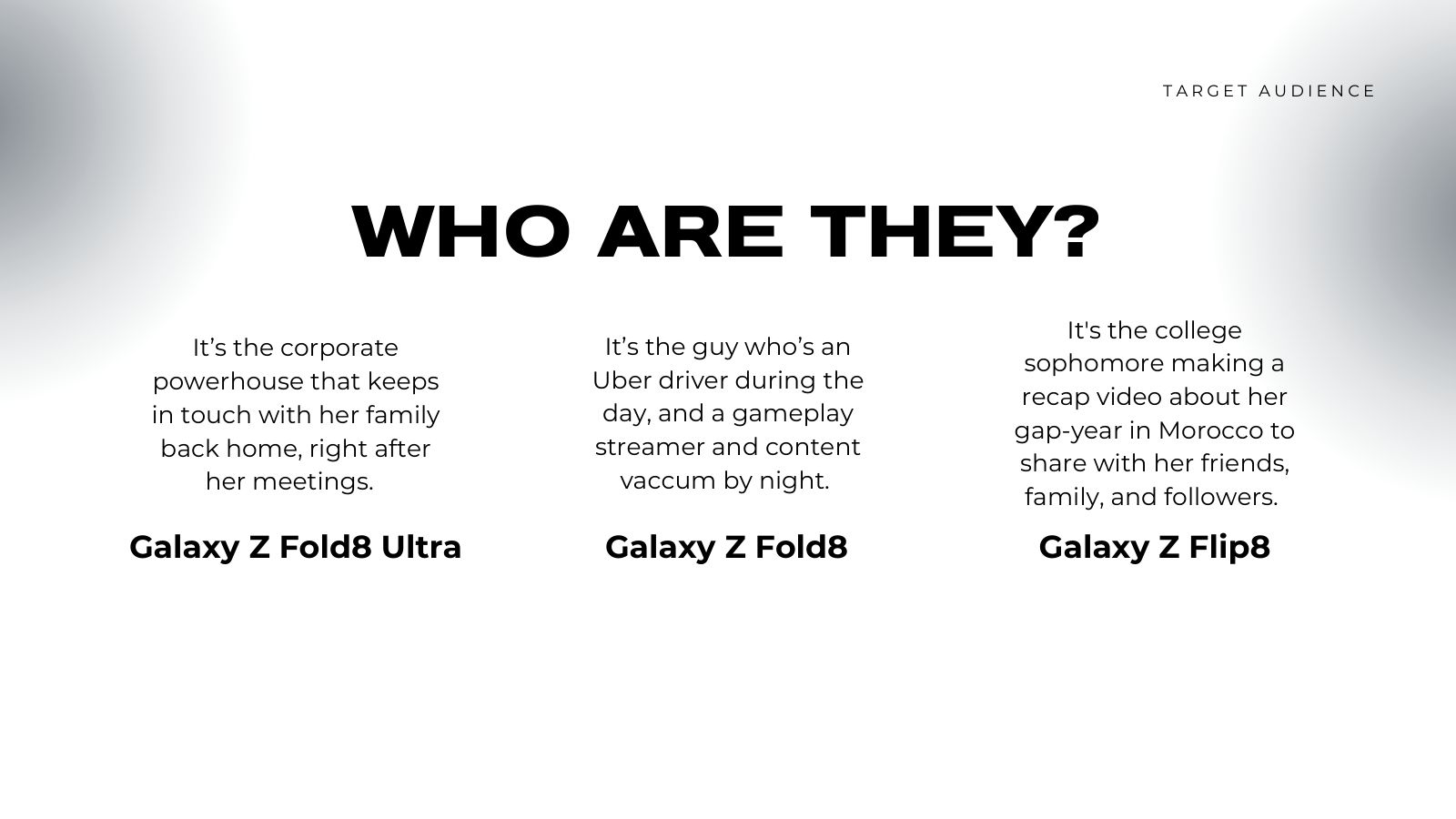 Slide: Who are they? Three lifestyle descriptions matched to the Galaxy Z Fold8 Ultra, Z Fold8, and Z Flip8