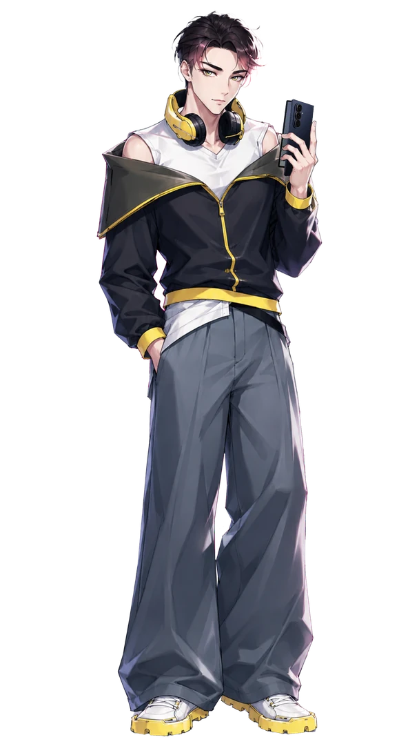 Alex, the Z Fold8 character: a gamer with headphones around his neck and wide trousers