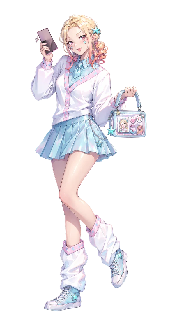 Bea, the Z Flip8 character: a pastel fashion creator holding a Flip phone