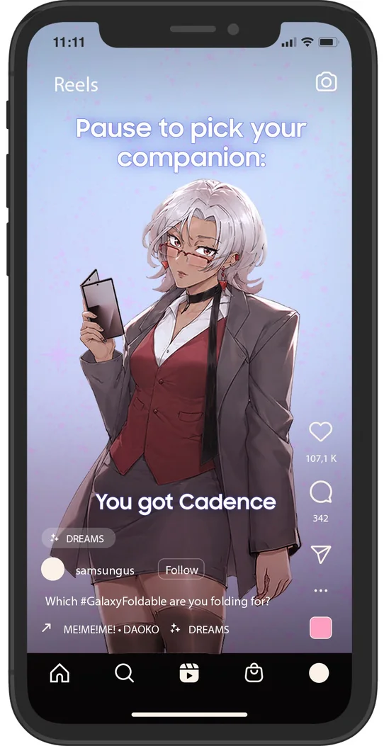 Interactive reel on a phone: Pause to pick your companion, landing on Cadence