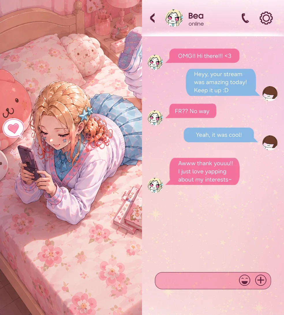 Messaging screen: chatting with Bea on a pink bedroom background