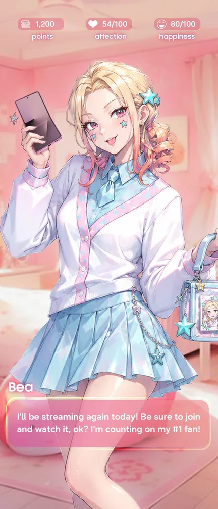 Simulator screen with Bea holding her Flip