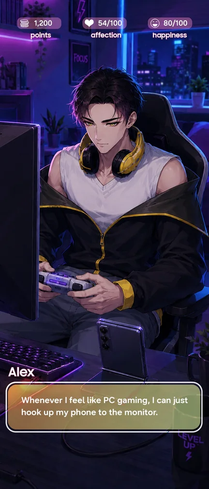 Simulator screen: Alex at his gaming setup saying he can hook his phone up to the monitor