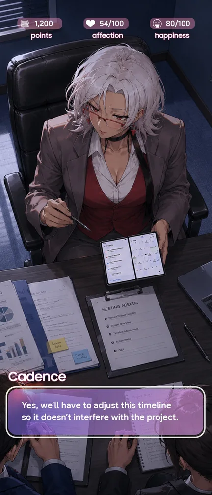 Simulator screen: Cadence at her desk adjusting a project timeline