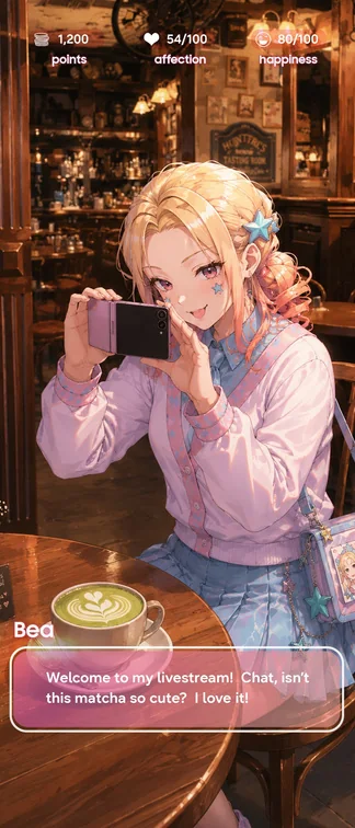 Simulator screen: Bea livestreaming from a café