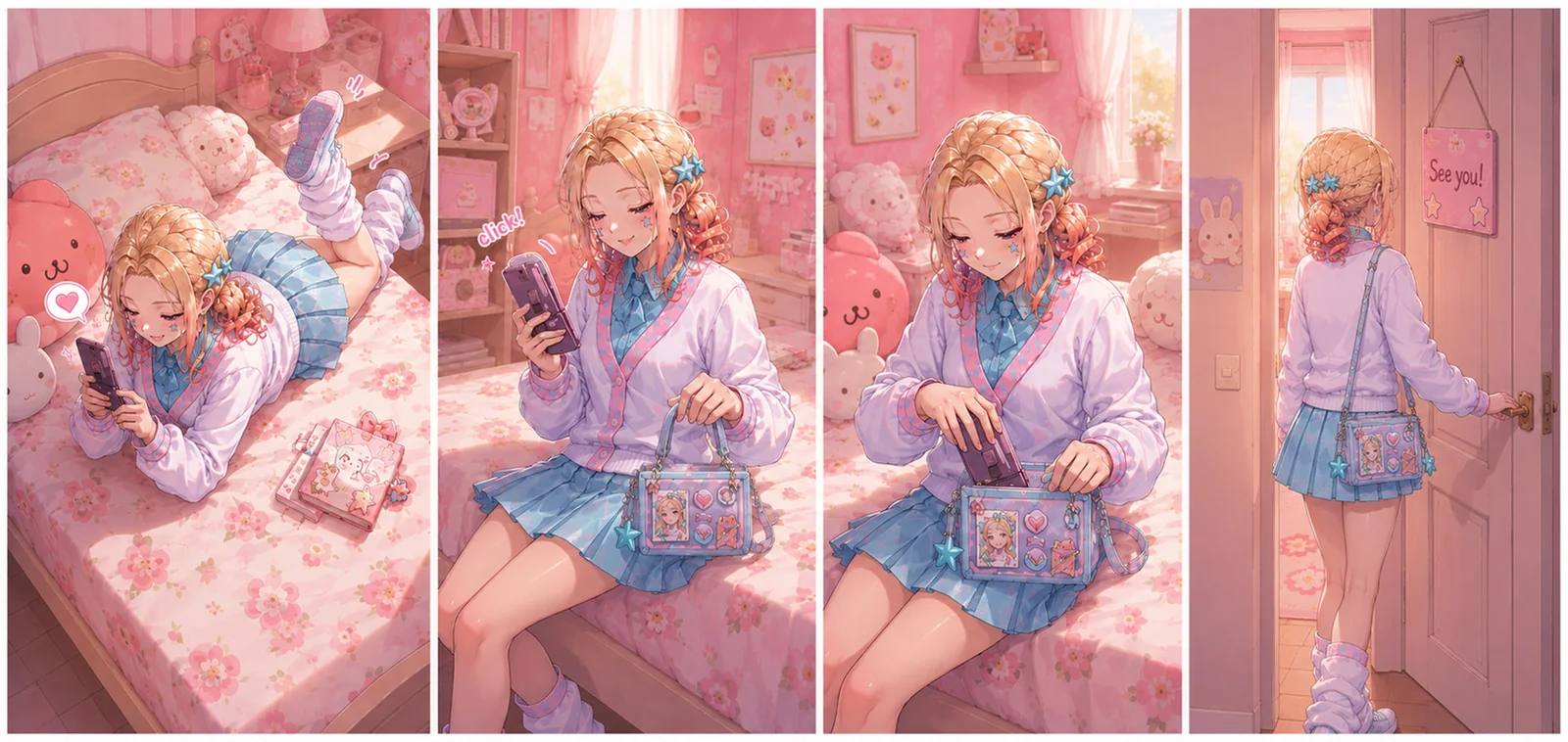 Cutscene storyboard: four panels of Bea using her Flip phone in her room