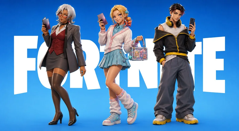 Fortnite key art with Cadence, Bea, and Alex standing in front of the Fortnite logo