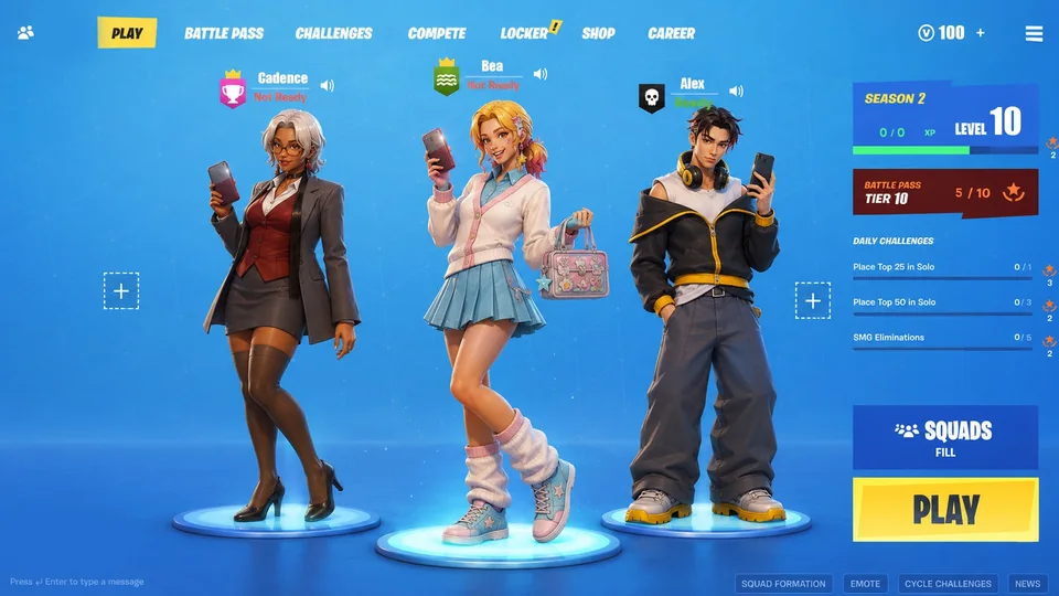 Fortnite lobby interface showing the three Galaxy characters