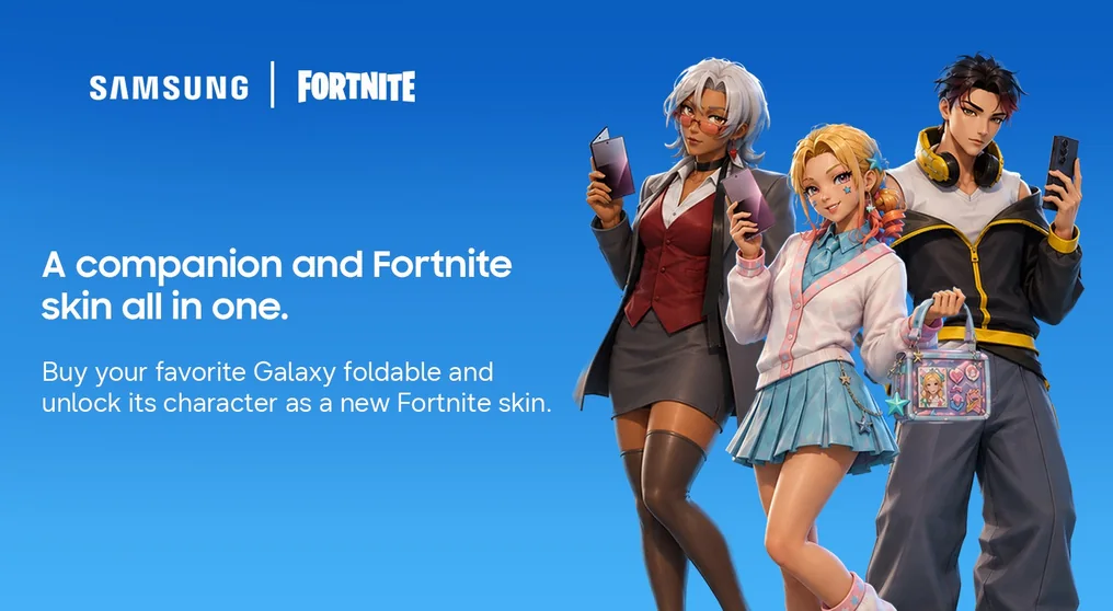 Samsung x Fortnite banner with all three characters