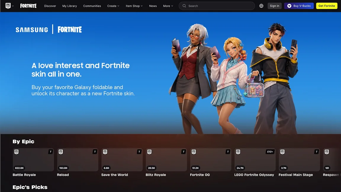 Fortnite website hero announcing the Samsung collaboration