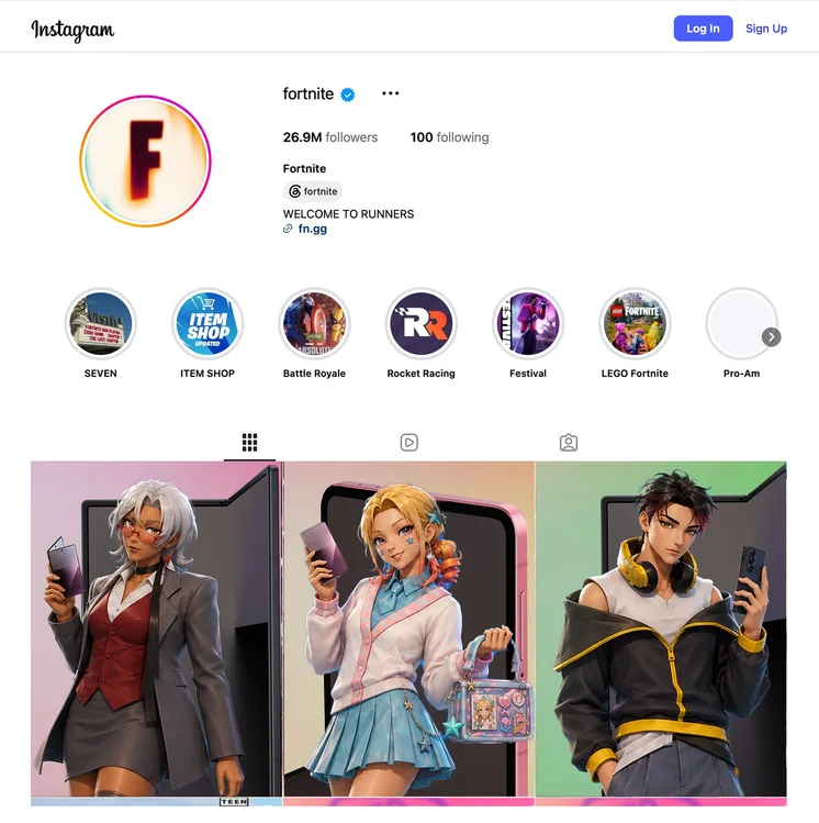 Fortnite Instagram profile with collaboration posts