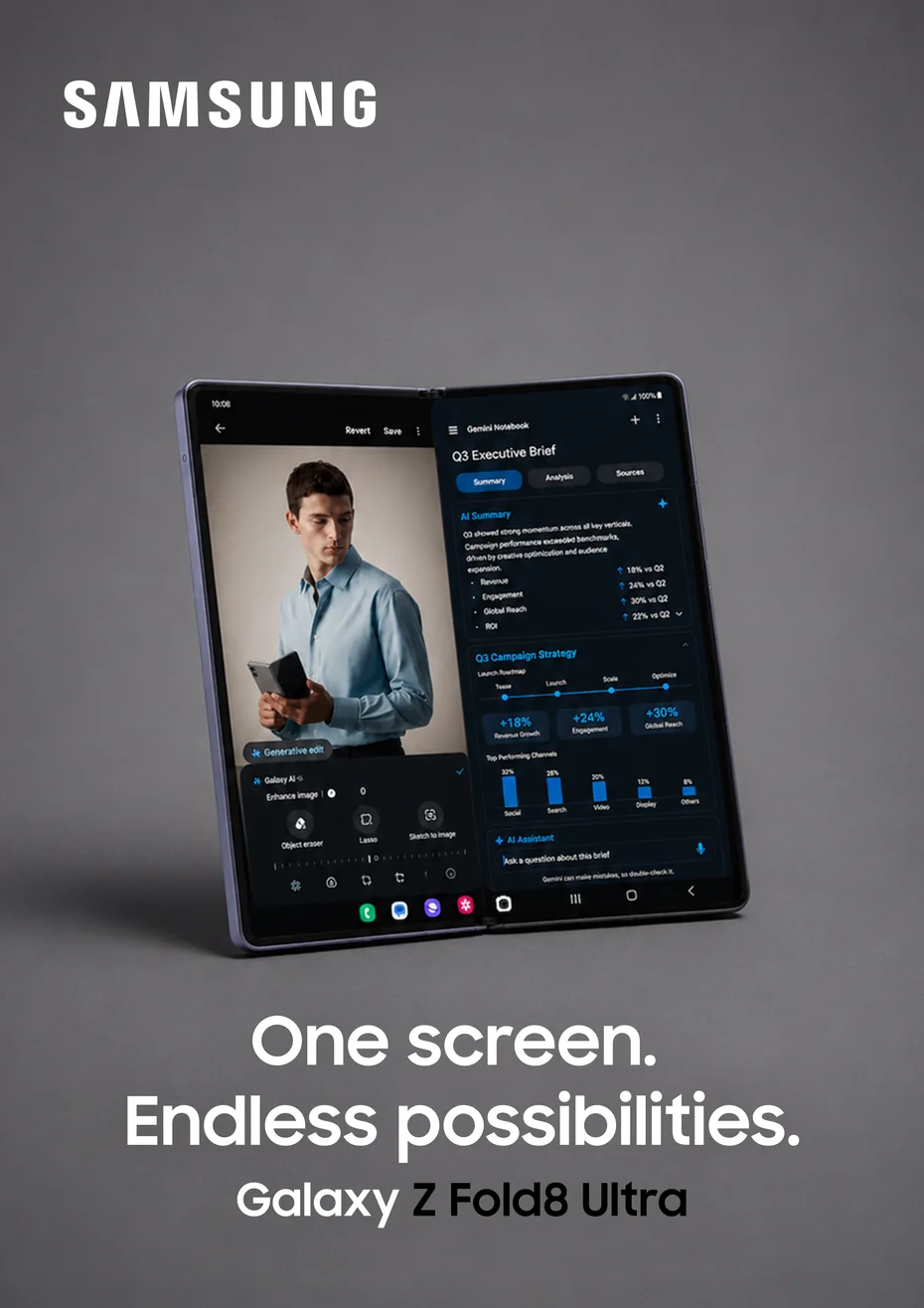 Key visual: Galaxy Z Fold8 Ultra on gray, One screen. Endless possibilities.