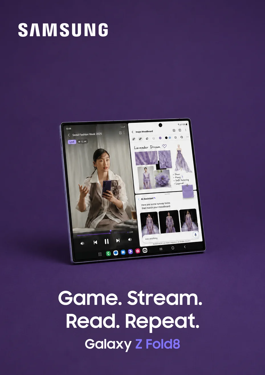 Key visual: Galaxy Z Fold8 on purple, Game. Stream. Read. Repeat.