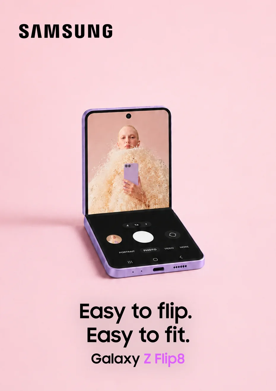 Key visual: Galaxy Z Flip8 on pink, Easy to flip. Easy to fit.