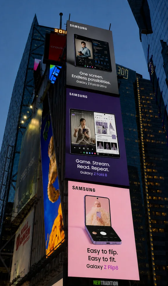 Times Square at night with the three Galaxy billboards stacked on a tower