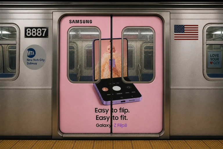 Subway door takeover for the Z Flip8 in pink