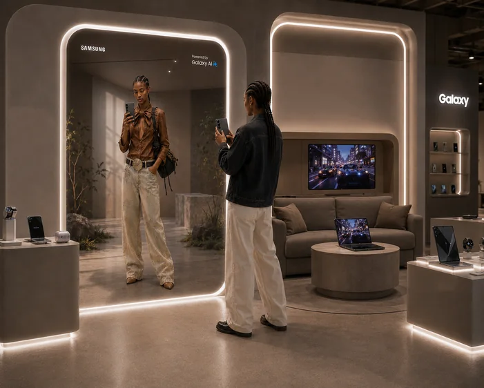 Pop-up experience: a lounge with lit arches and Galaxy devices