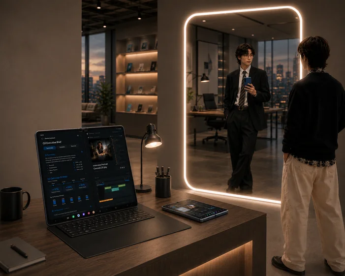 Pop-up experience: a workspace with an unfolded Fold on a desk