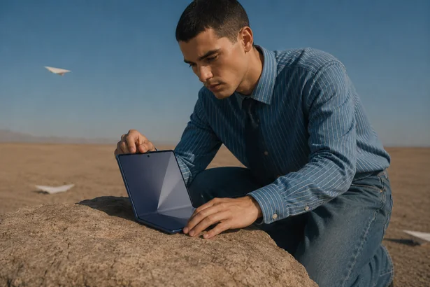 Paper Plane storyboard frame 1: a man in a desert with a paper plane and a Fold8 Ultra