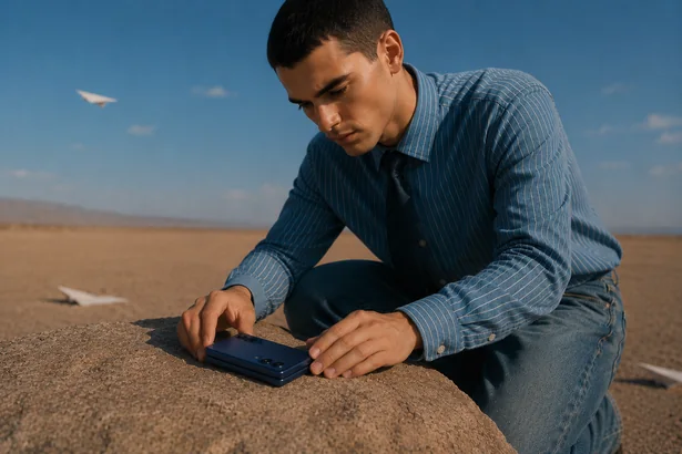 Paper Plane storyboard frame 2: a man in a desert with a paper plane and a Fold8 Ultra