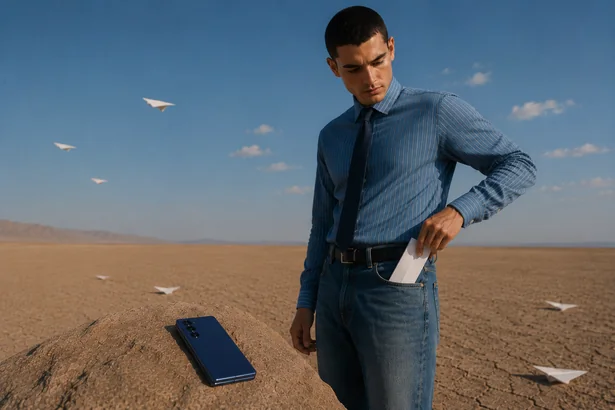Paper Plane storyboard frame 3: a man in a desert with a paper plane and a Fold8 Ultra