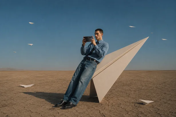 Paper Plane storyboard frame 4: a man in a desert with a paper plane and a Fold8 Ultra