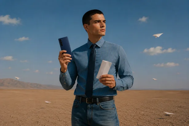 Paper Plane storyboard frame 5: a man in a desert with a paper plane and a Fold8 Ultra