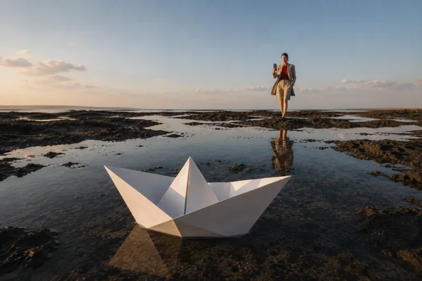 Paper Boat storyboard frame 5: a man at a tidal shore at sunset with a paper boat and a Fold8
