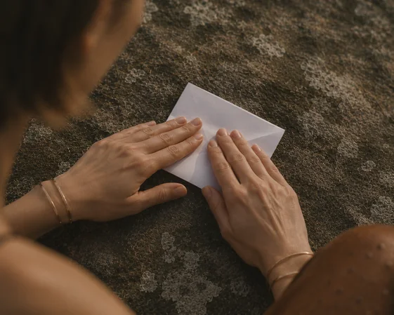 Paper Cranes storyboard frame 1: a woman folding paper cranes in a field and filming with a Flip8