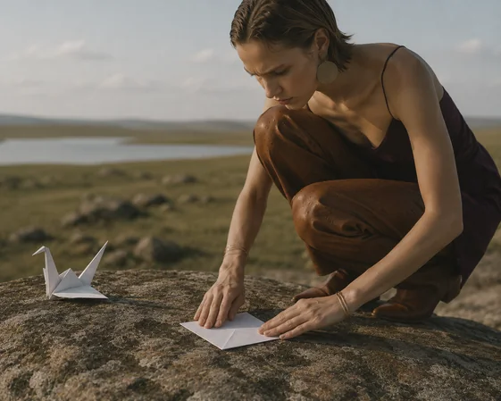 Paper Cranes storyboard frame 2: a woman folding paper cranes in a field and filming with a Flip8