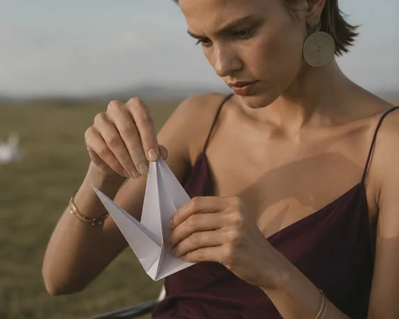 Paper Cranes storyboard frame 3: a woman folding paper cranes in a field and filming with a Flip8