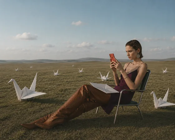 Paper Cranes storyboard frame 4: a woman folding paper cranes in a field and filming with a Flip8
