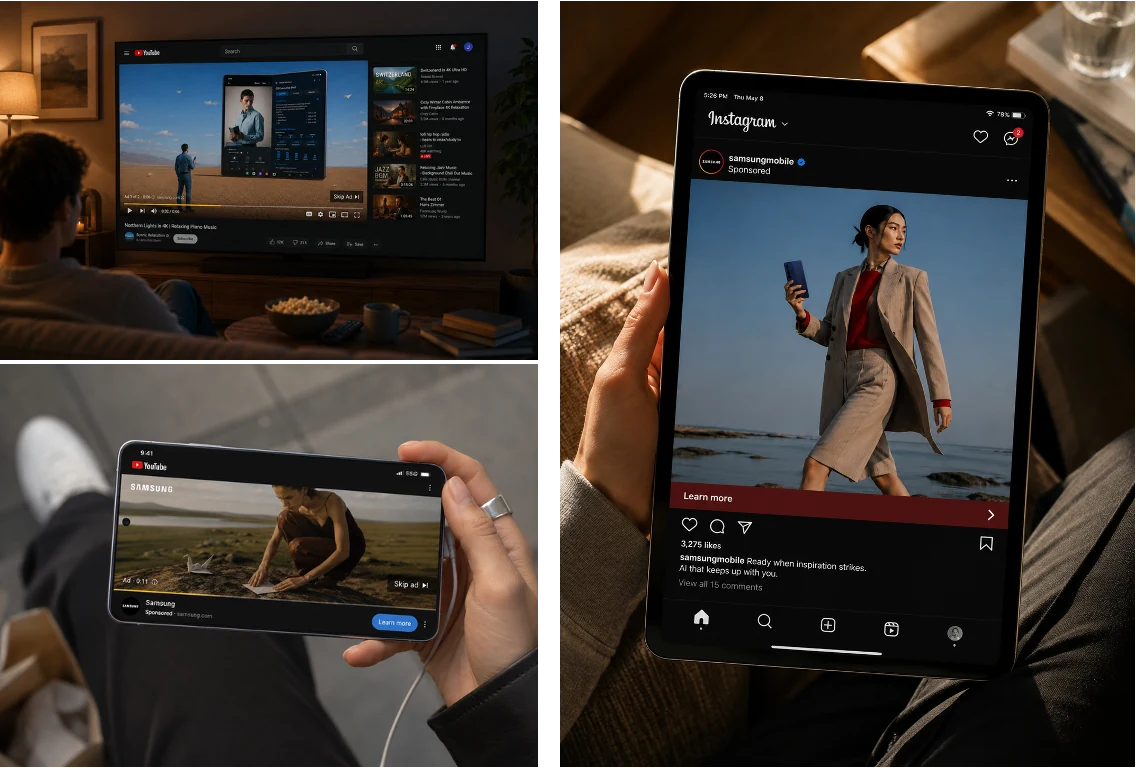Spots in action: the film spots running in Instagram and YouTube feeds on phones and a tablet