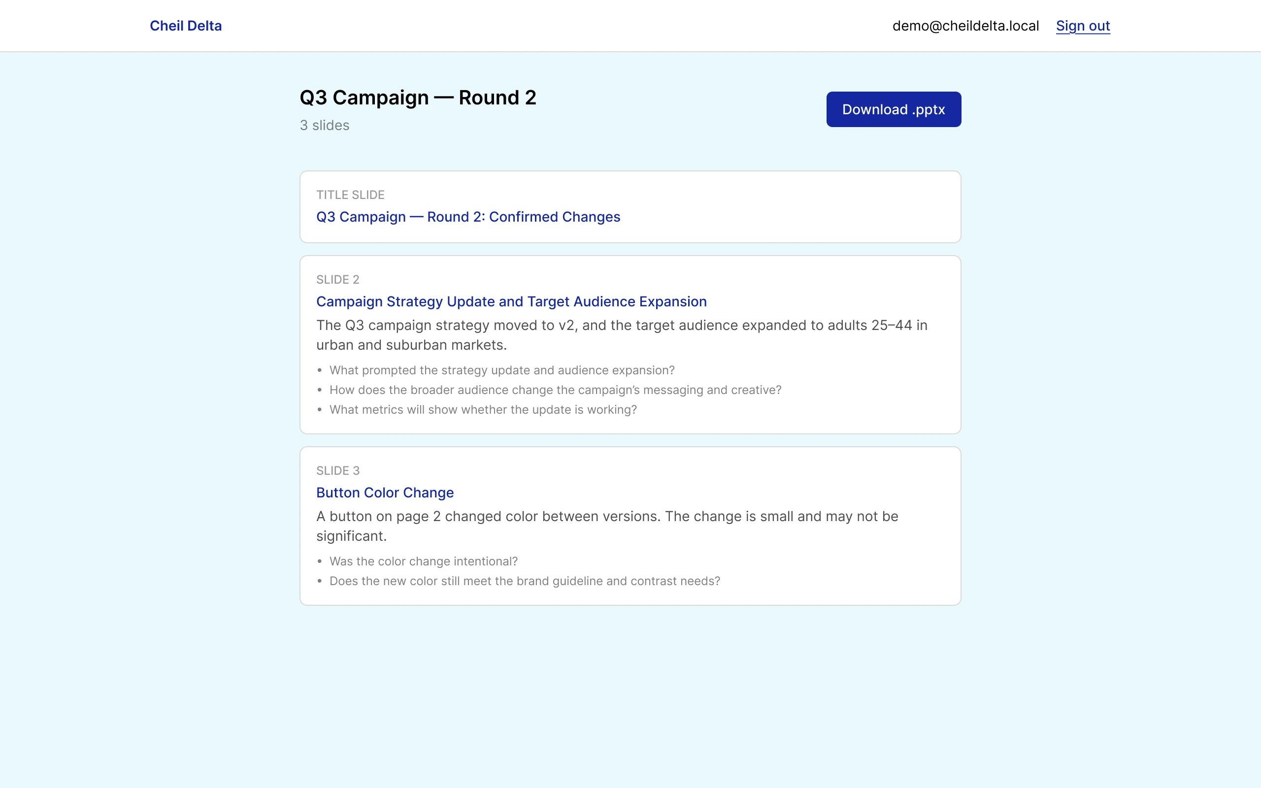 Generated deck preview with a title slide and two slides summarizing the confirmed changes, and a Download .pptx button