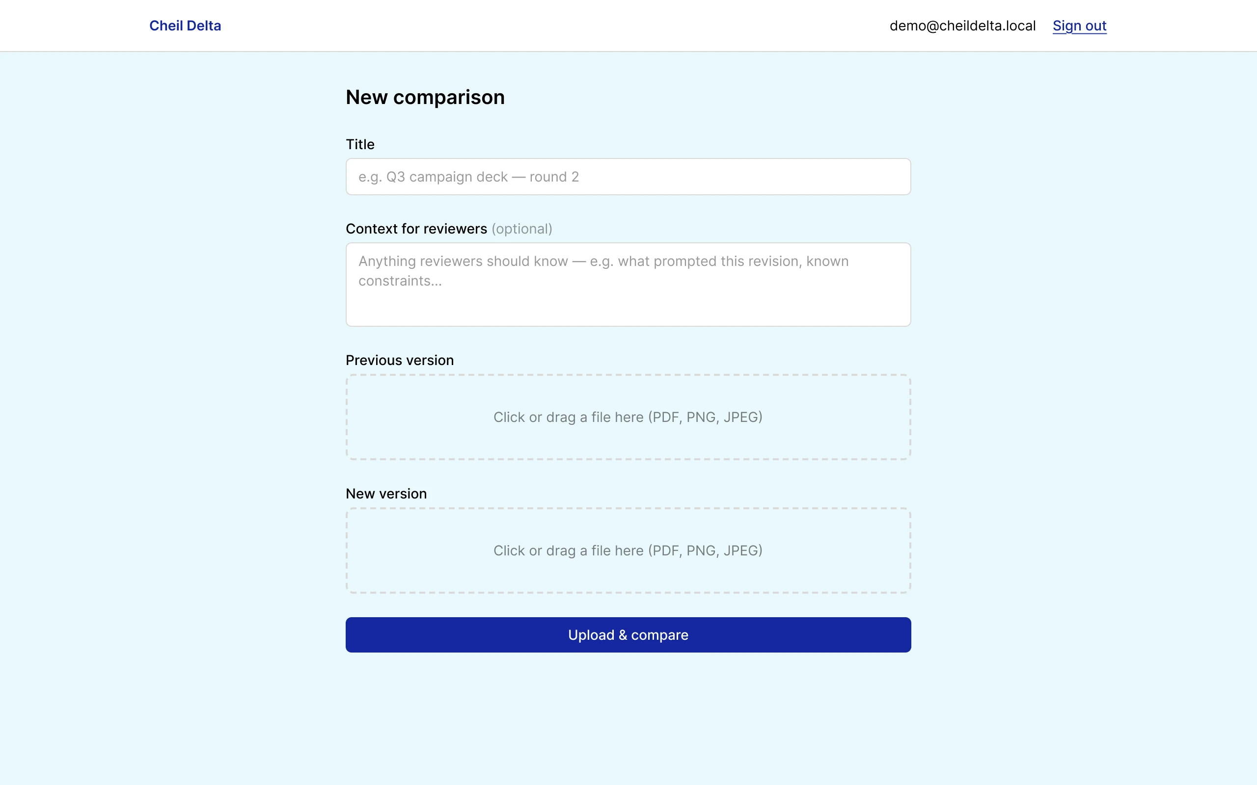 New comparison form: a title, optional context for reviewers, and upload areas for the previous and new versions