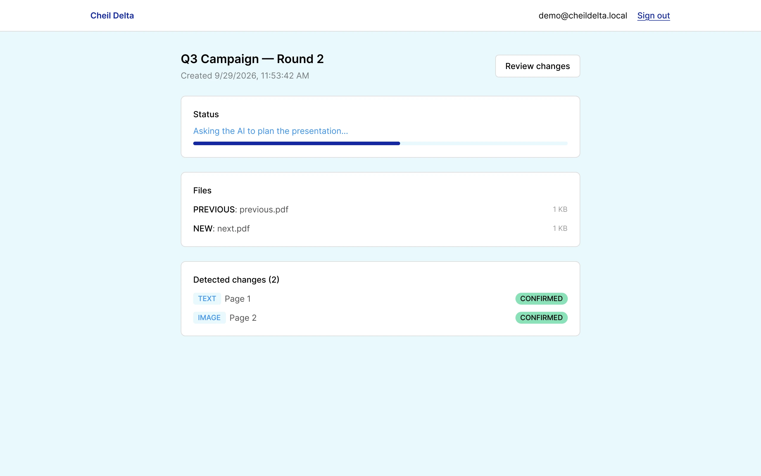 Comparison status with a progress bar reading Asking the AI to plan the presentation, the two files, and two confirmed changes