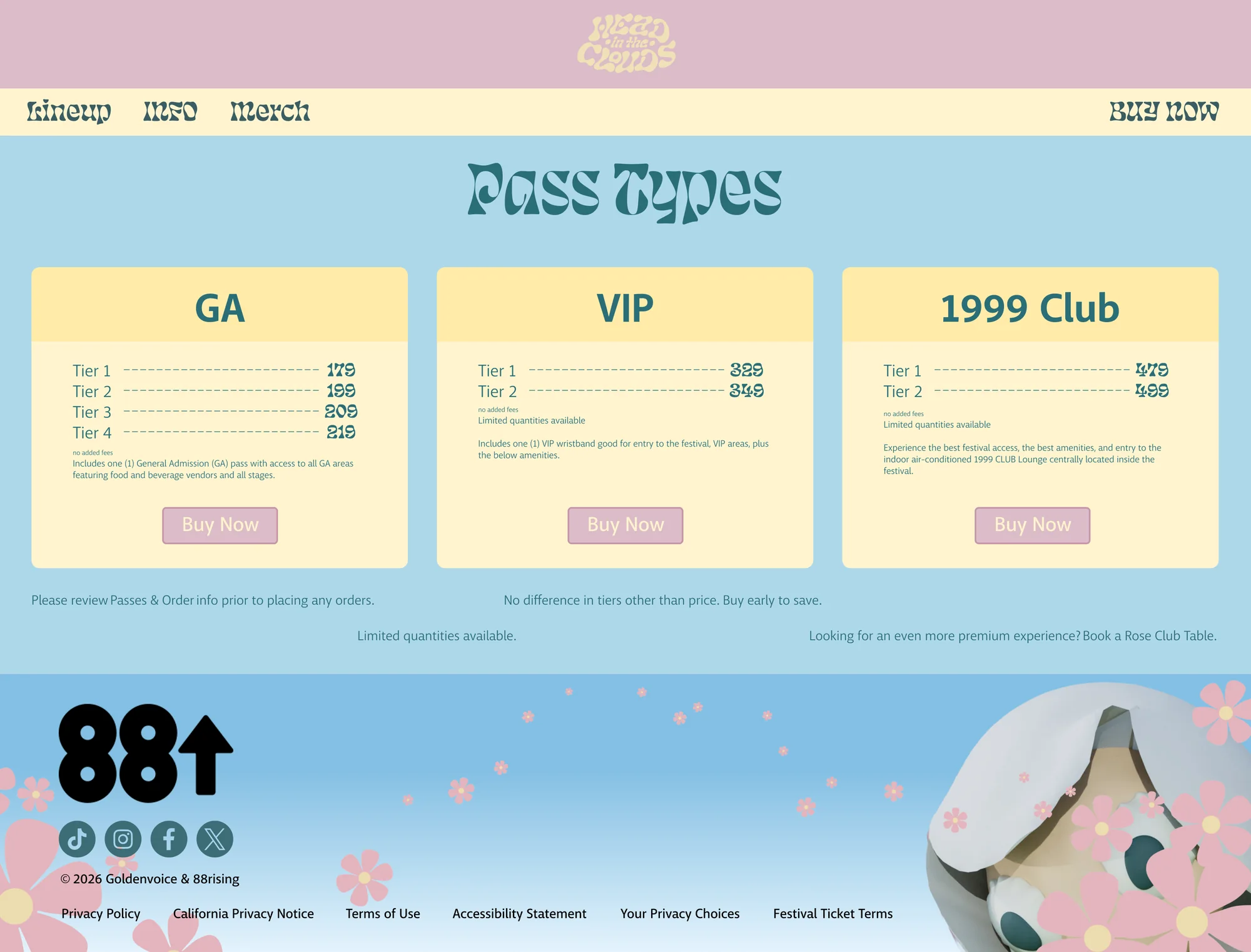 Pass Types page comparing GA, VIP, and 1999 Club cards side by side with price tiers, desktop layout