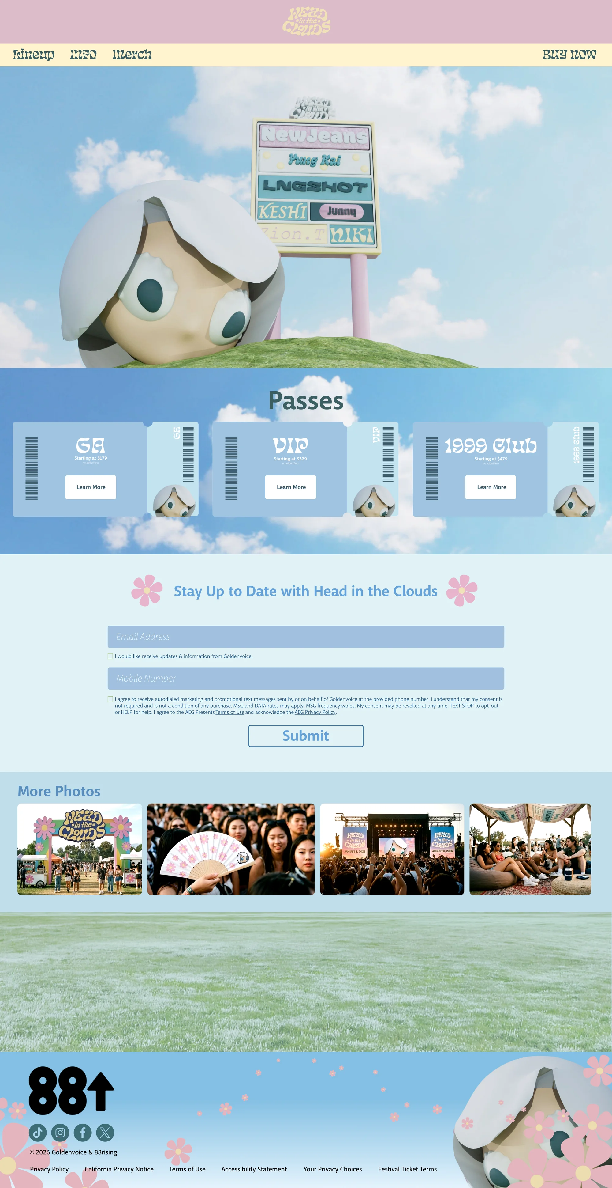Home page: the cloud-headed mascot on a hill beside a lineup billboard, ticket-style pass cards, a newsletter sign-up, more photos, and the 88rising footer, desktop layout