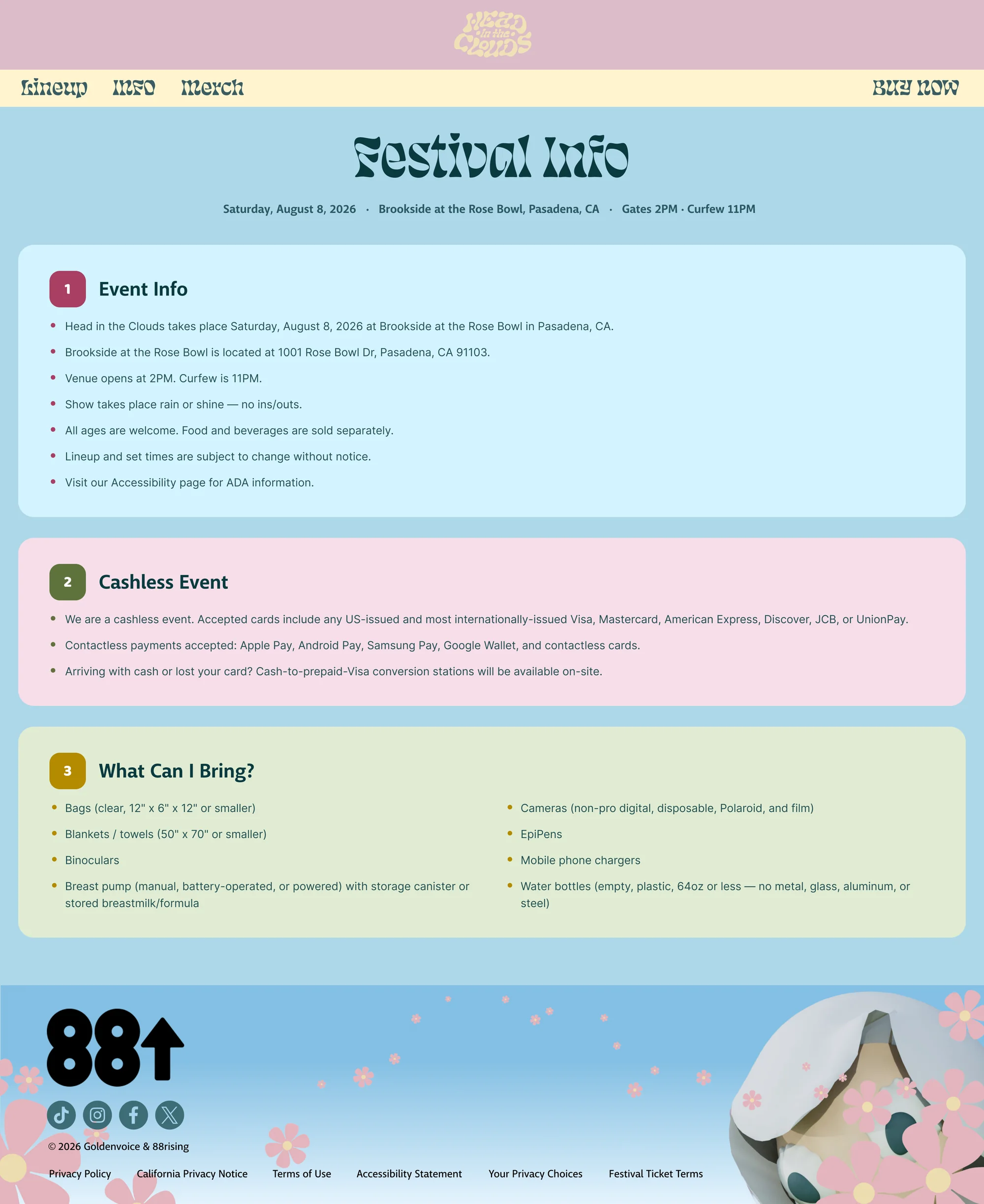 Festival Info page with key facts at the top and three color-coded numbered sections: Event Info, Cashless Event, What Can I Bring, desktop layout