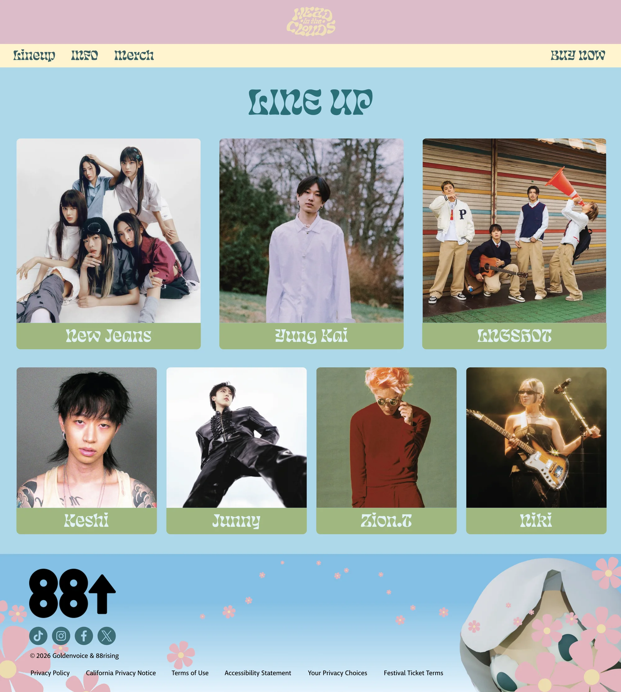 Lineup page with large photo cards for headliners and a second row of supporting artists, desktop layout